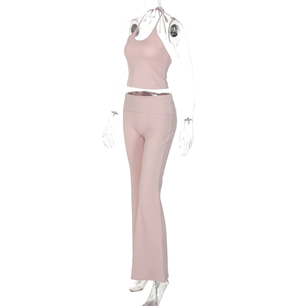 Hugcitar Fashion 2 Piece Sets Halter Soild Backless Lace Up Sexy Crop Camis Top Flare Pants Women Outfit Tracksuit Vacation Yoga