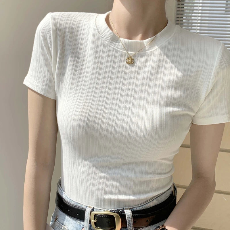 Summer New Women's Crewneck T-shirt Knitted Short-sleeved Top Casual All-match T-shirt Striped Base Shirt Slim-fit Breathable