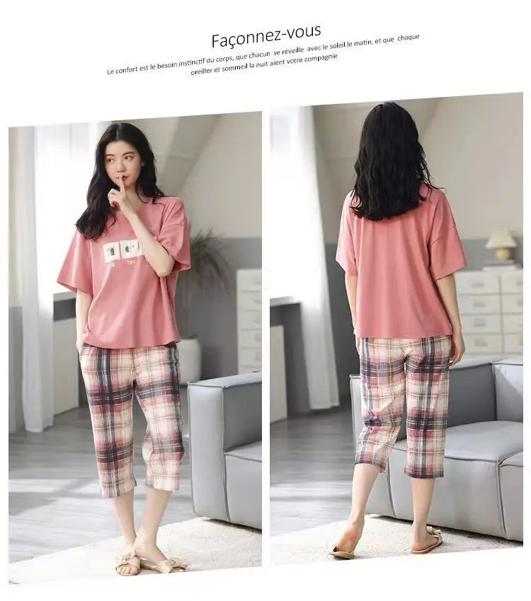 Summer New Ladies Pajamas Homewear Set of Short-Sleeved Pajamas Women's Summer Simple Korean Cartoon Loose Large Size Homewear