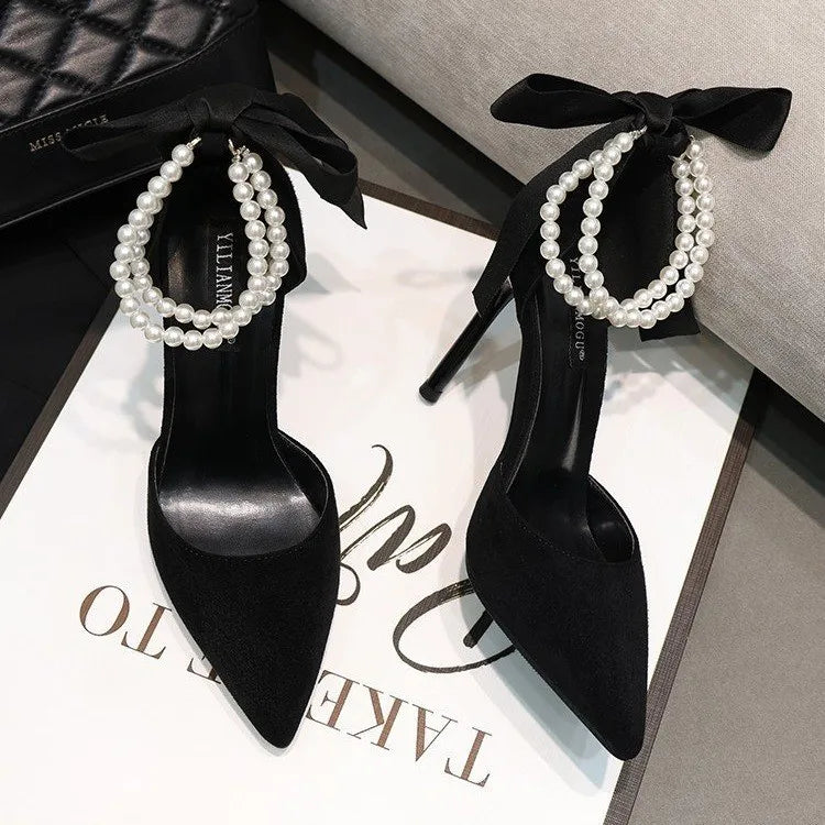 2026 Black Women's Pumps Summer New Brand Design String Bead Pearls Wedding Bridal High Heels Sexy Pointed Toe Party Dance Shoes