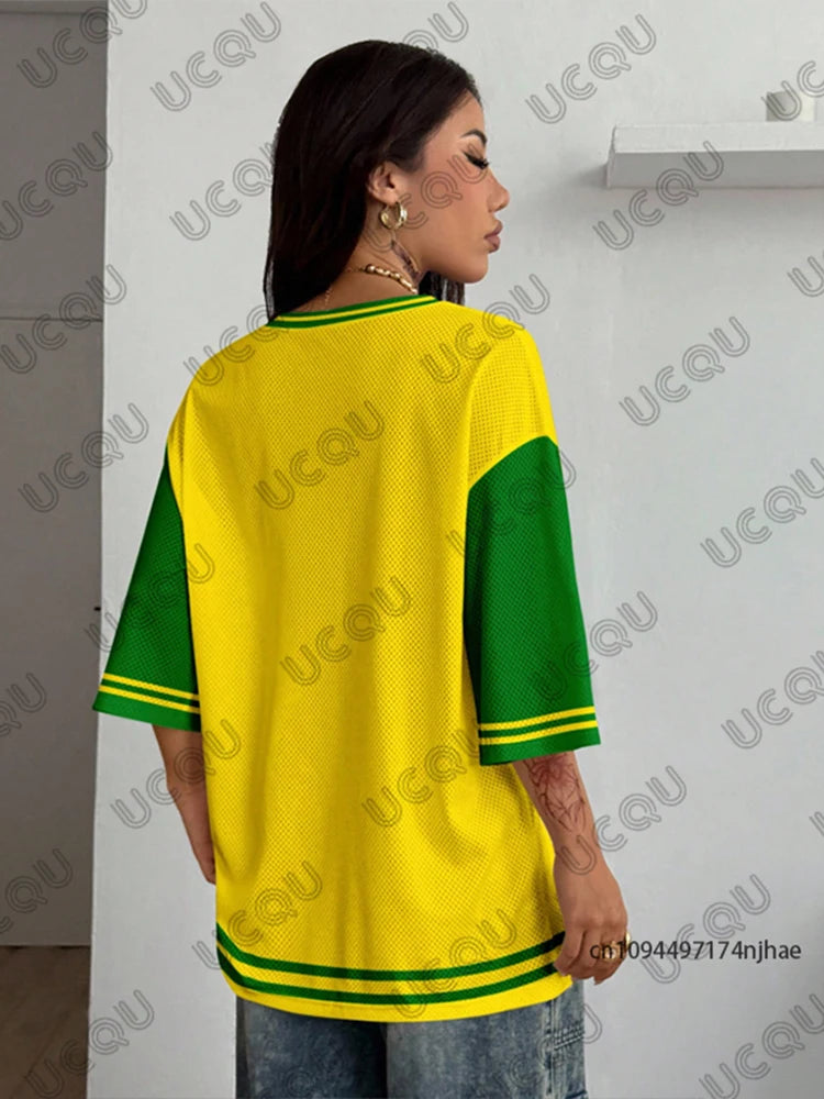 Summer New Brazil Print T Shirt For Women V-Neck Patchwork Short Sleeve Sports Football Jersey Y2K Loose Oversized Vintage Tops