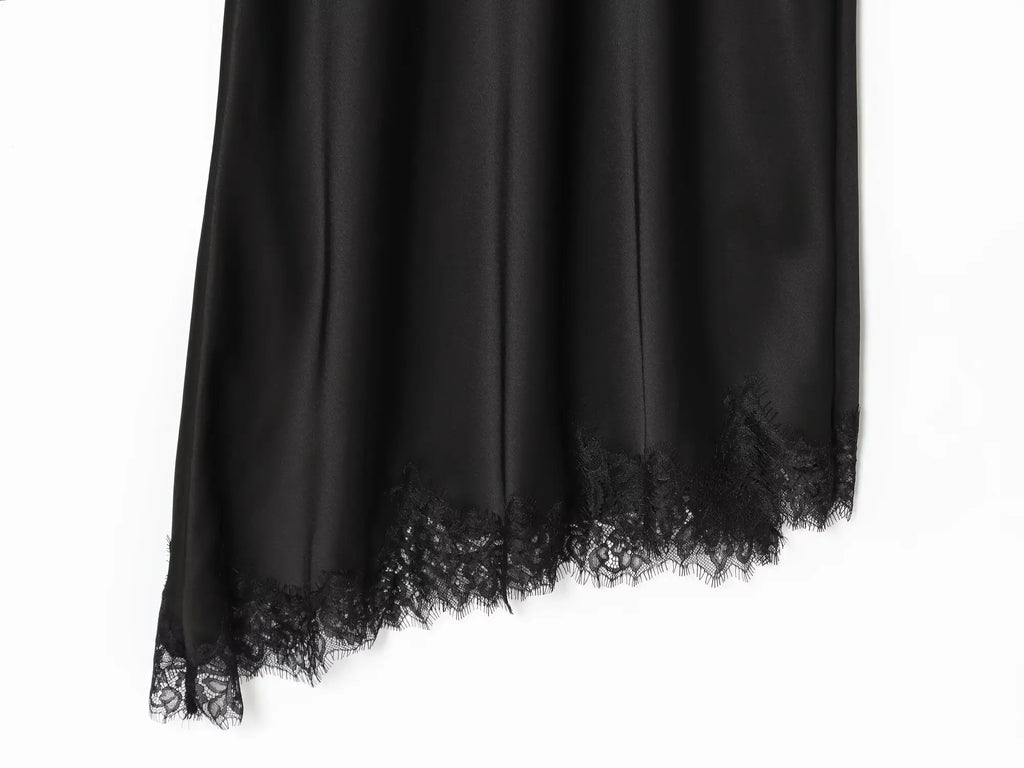 HH Fashion Soild Asymmetric Lace Satin Dress For Women's Sexy V-Neck Sleeveless Backless Slit Evening Party Slip Midi Dress