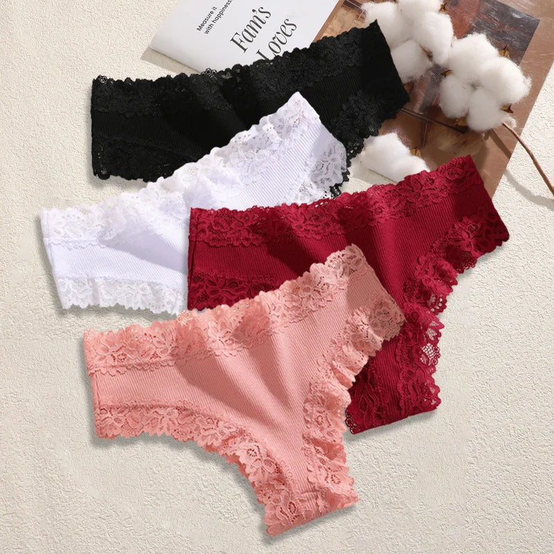 4PCS/Set Cotton Floral Lace Underpants for Women Sexy Striped Low-Waist Panties Girls Comfortable Briefs Trendy T-back Lingerie