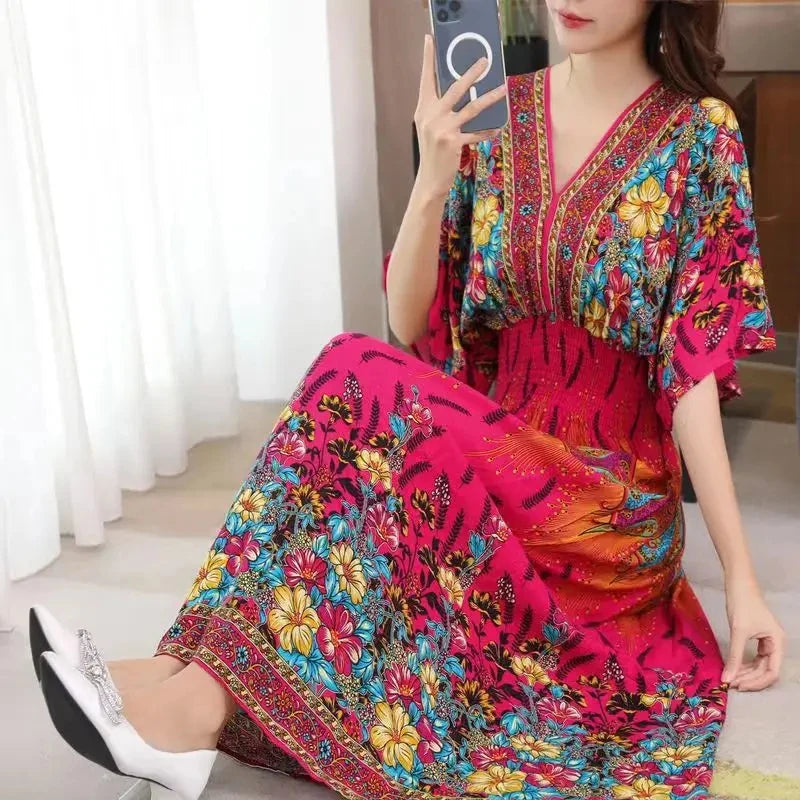 Colorful Flower V-neck Elastic Youthful Bohemian Sweet Midi Dress Woman Clothes Chic Fashion Summer Dresses 2025 Large Swing Ski