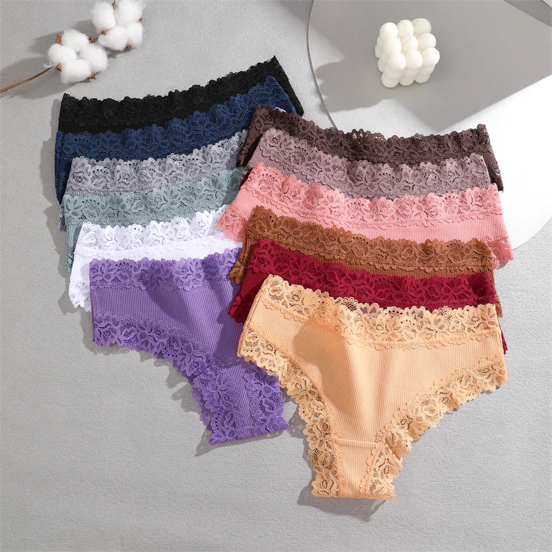 4PCS/Set Cotton Floral Lace Underpants for Women Sexy Striped Low-Waist Panties Girls Comfortable Briefs Trendy T-back Lingerie