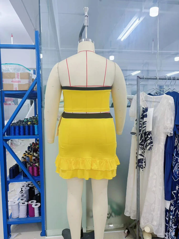 Plus Size 2025 Summer New Spice Girls Letter Bustier Top Lace Up Bowknot Halter Skirt Two Piece Set Trendy Sexy