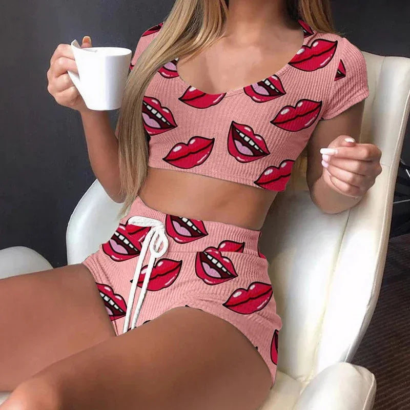 Summer Women's Nightgown Short Sexy Casual Lips Print Female Sleepwear Suit Pajamas Top+Pants Skinng Women Homewear Underwear