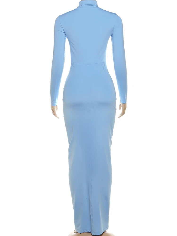 Sisterlinda Autumn New Style Long Dress Woman Turtleneck Full Sleeve Skinny High Stretch Daily Casual Fashion Elegant Vestidos