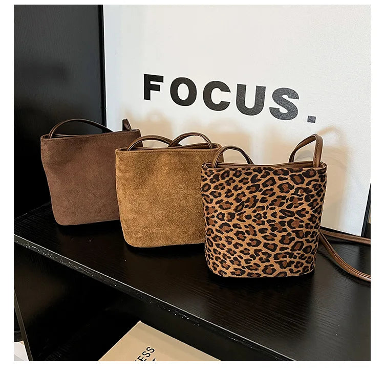 Mini Shoulder Bag Retro Leopard Print Women Crossbody Bucket Bag Fashion Ins Korean Style Faux Suede Fall New Simple Tote Bag