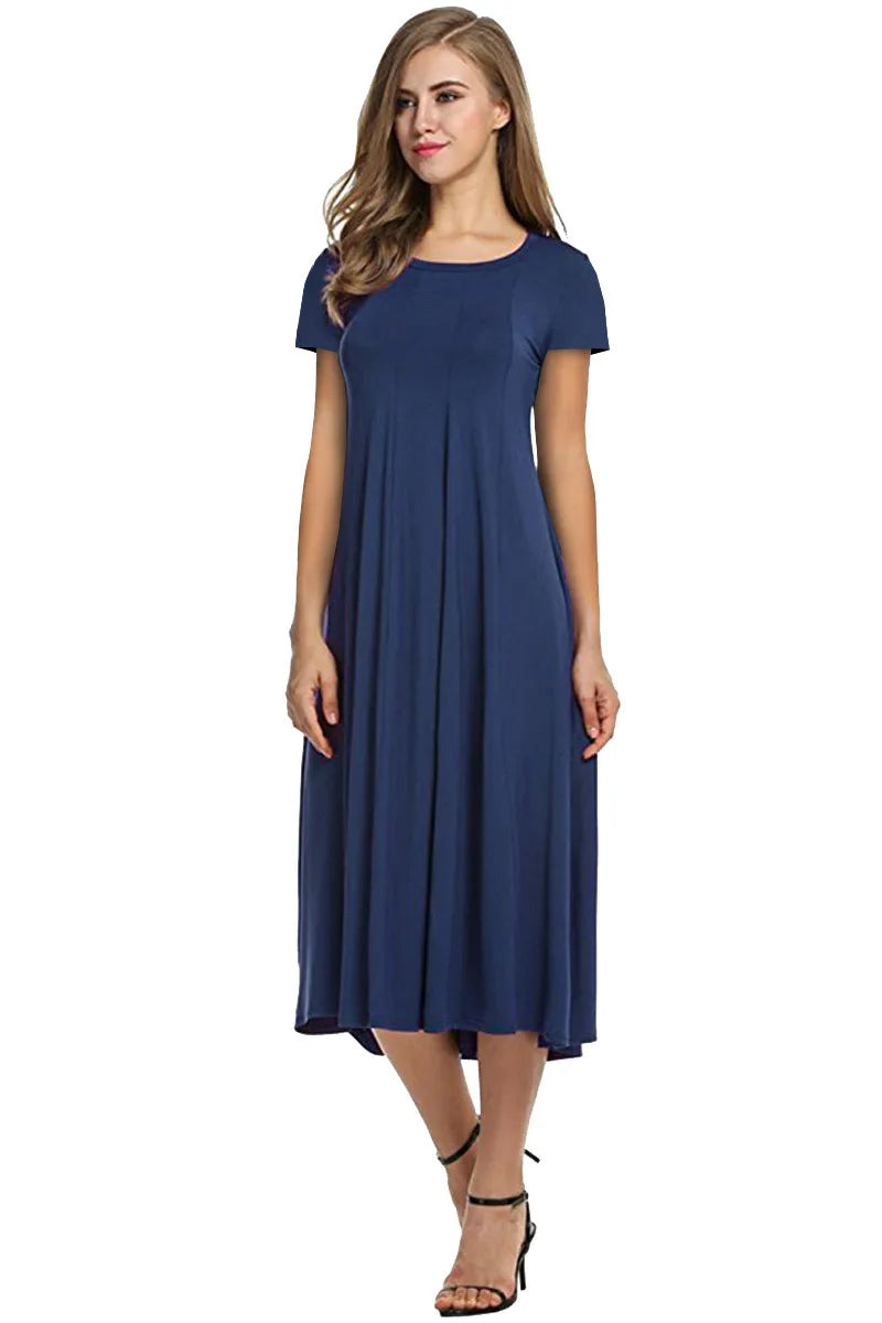 2024 Summer Women's Top Selling Round Neck Short Sleeve Solid Color Flare Dress