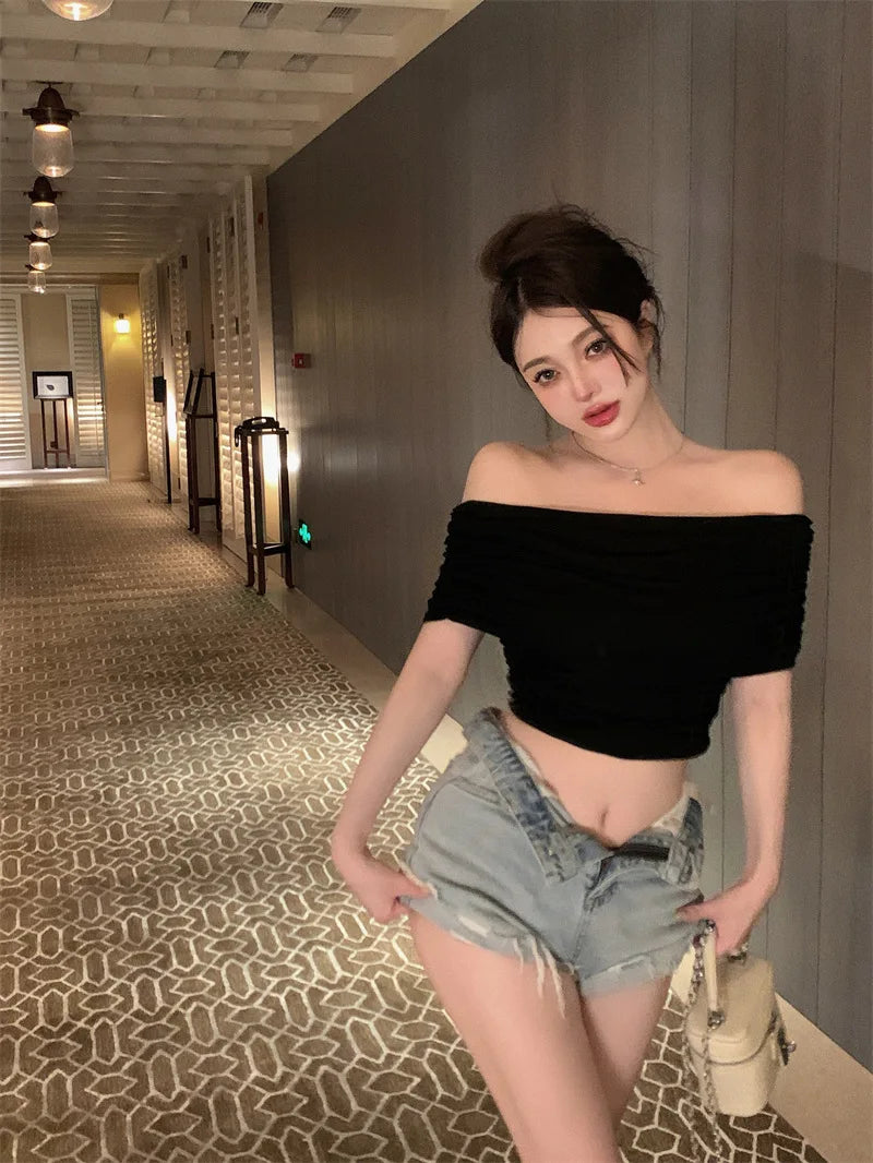 1pcs Girls Off-Shoulder T-shirt Women's Basic Fashion Tee Solid Ladys Short Sleeve Slim Tops Females Sexy Tshirts