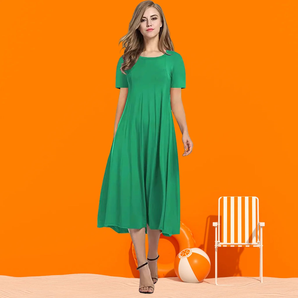 2024 Summer Women's Top Selling Round Neck Short Sleeve Solid Color Flare Dress