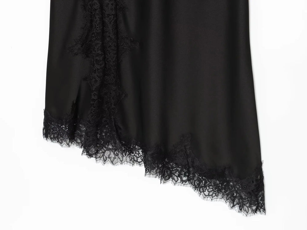 HH Fashion Soild Asymmetric Lace Satin Dress For Women's Sexy V-Neck Sleeveless Backless Slit Evening Party Slip Midi Dress