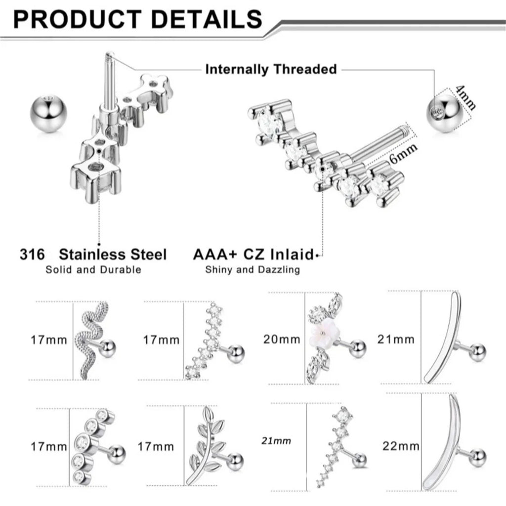 2Pcs 16G Stainless Steel Screw Back Stud Earrings for Women,Cubic Zerconia Cartilage Conch Helix Ear Piercing Jewelry