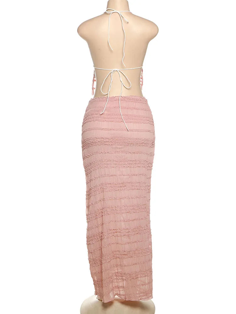 Weird Puss Mesh Backless 2 Piece Set Women Halter Lace-Up See Through Crop Tops+Loose Elegant Long Skirts Vacation Trend Outfits