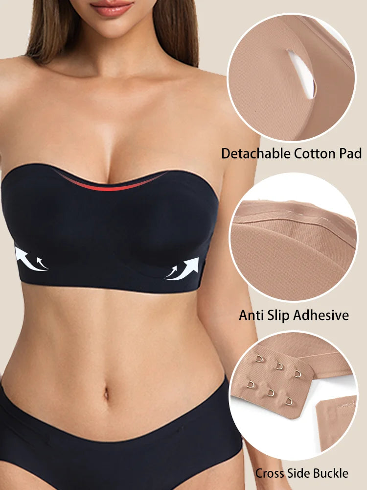 Female Removable Padded Soft Ice Silk Traceless Brasseries Wire Free Side Buckle Bra For Women Invisible Strapless Push Up Bras