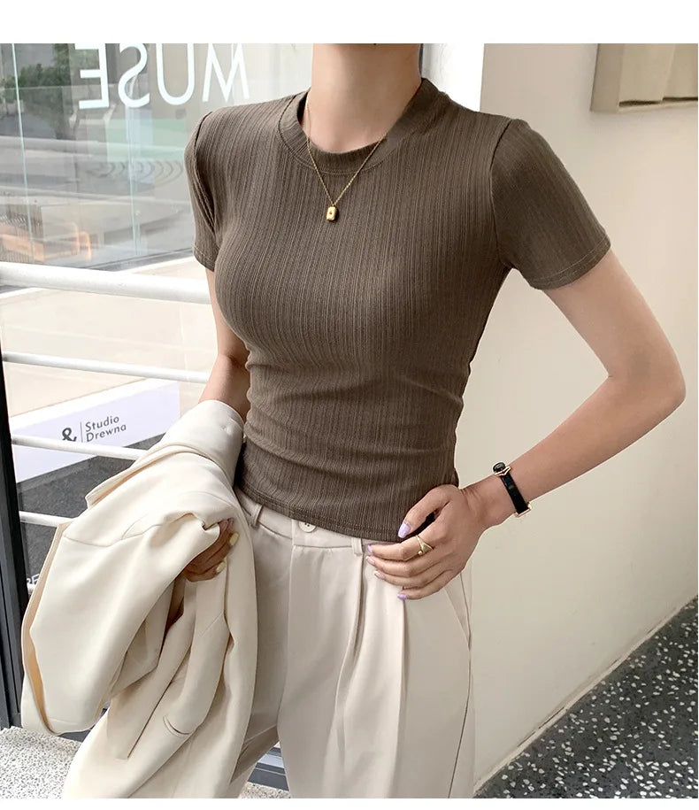 Summer New Women's Crewneck T-shirt Knitted Short-sleeved Top Casual All-match T-shirt Striped Base Shirt Slim-fit Breathable