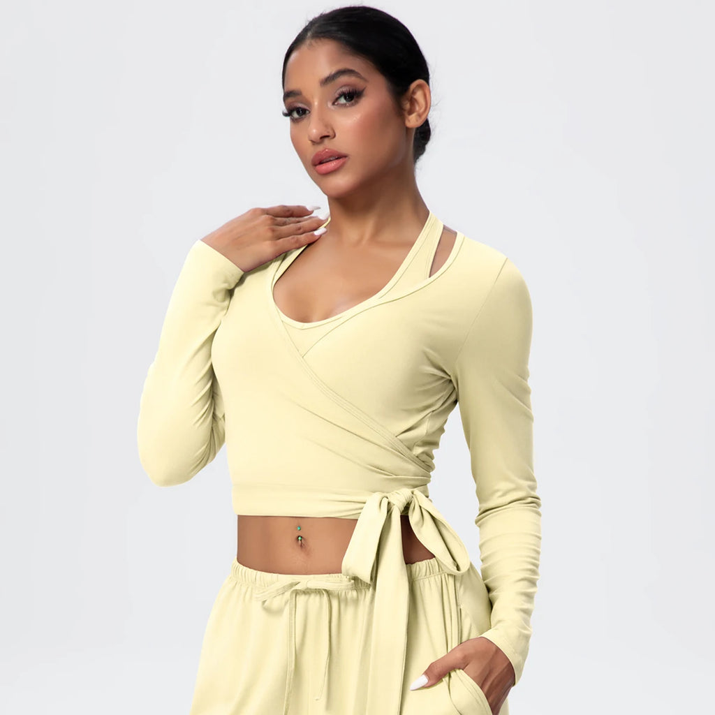 Women Slim Breathable Sports Top Women Active Wear Sports Yoga Long Sleeved Solid Color Running Shirts Straps Design Yoga Top