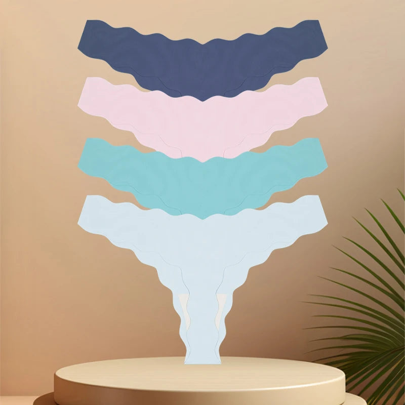 4Pcs Seamless Invisible Thongs Underwear for Women Low Waist Sexy Wave Belt T-Back Breathable Stretchy G-String Panties Lingerie