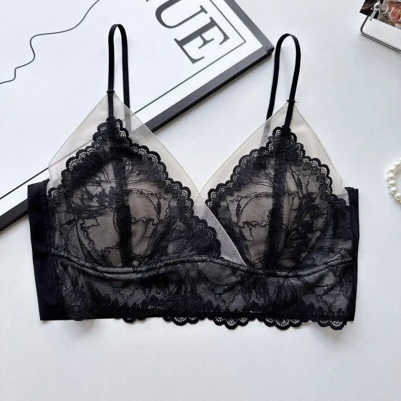 Sexy Lace Shell Cup Bra Deep V Backless Halter Side Buckle Soft Support Seamless Beauty Back Thin Women Underwear 32-38 S-XL