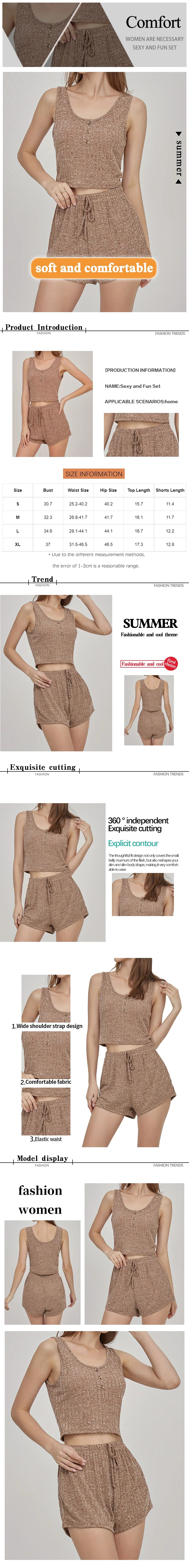 Summer Two-Piece Sleeveless Ribbed Knit Vest with Front Button Paired with Shorts Women's Khaki Color Home Pajama Set