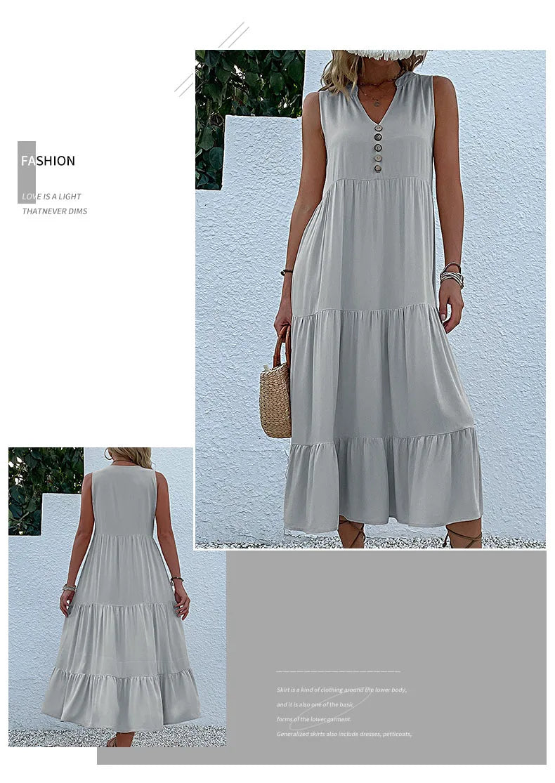 Casual Summer Midi Dress Women Sleeveless Tank V Neck Buttons Ruffle Loose Dresses Beach Soild Sundress Fashion