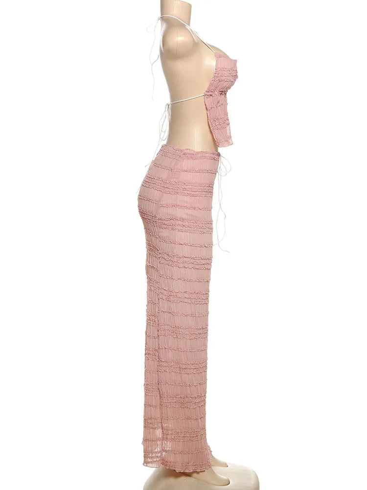 Weird Puss Mesh Backless 2 Piece Set Women Halter Lace-Up See Through Crop Tops+Loose Elegant Long Skirts Vacation Trend Outfits