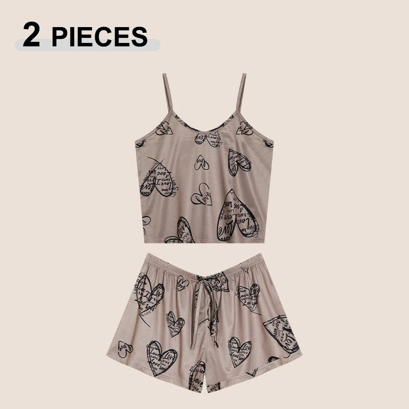 Summer Printed Cami Sleeveless Top and Shorts Pajama Sets For Women Sexy Leisure Adjustable Belt Loungewear Female Soft Pajama
