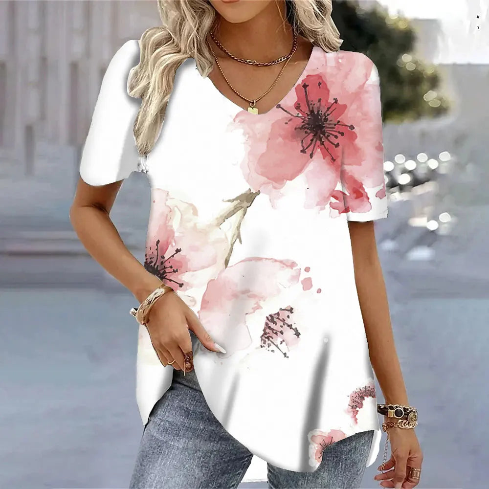 3D Butterfly Printed Short Sleeve T-shirt Korean Style Women's Clothes 2024 V-neck Short Sleeves Tees Shirt Loose Casual Blouses