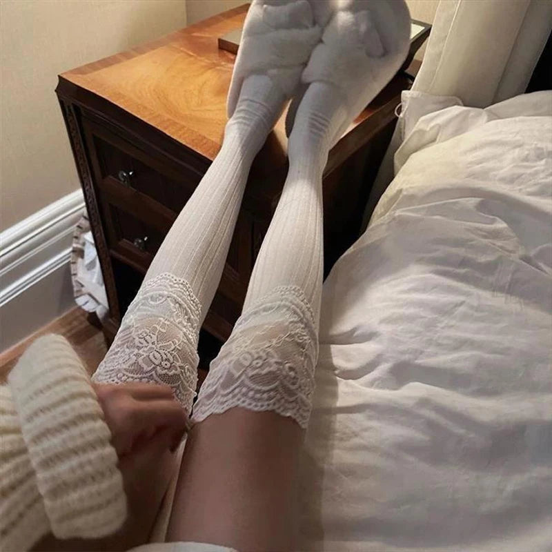 Fashionable Sexy Lace Patchwork Casual Winter Warm Solid Color Elastic Japanese Jk Socks