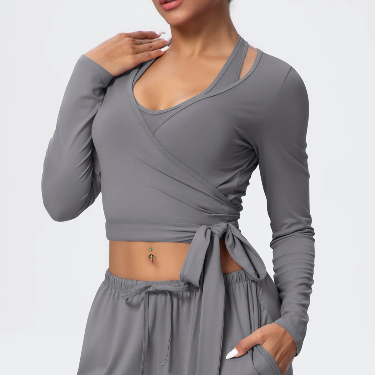 Women Slim Breathable Sports Top Women Active Wear Sports Yoga Long Sleeved Solid Color Running Shirts Straps Design Yoga Top