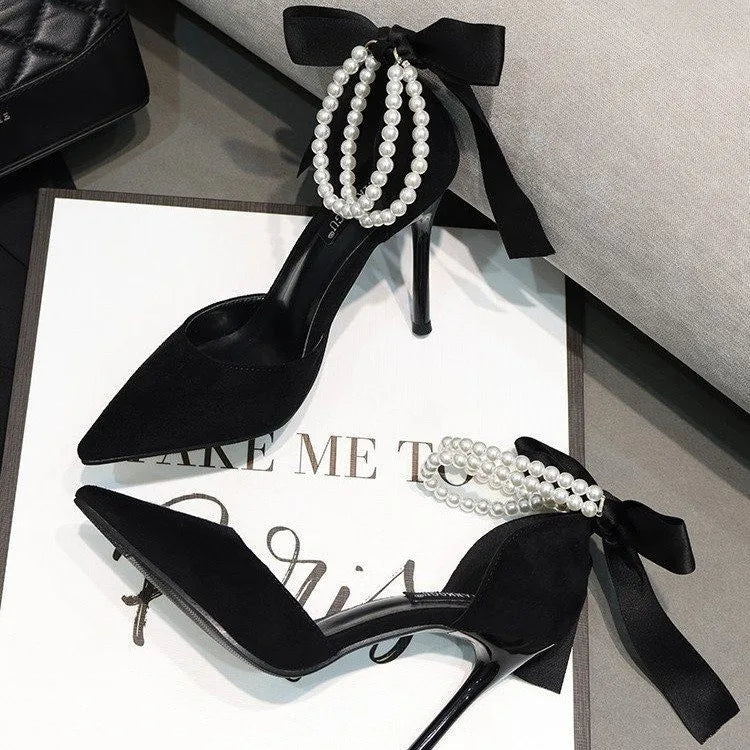 2026 Black Women's Pumps Summer New Brand Design String Bead Pearls Wedding Bridal High Heels Sexy Pointed Toe Party Dance Shoes