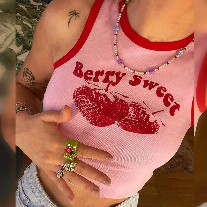 2024 Pink Print Y2k Tank Top Summer Off Shoulder O Neck Sleeveless Fashion 90s Vintage Crop Tops Women Casual Sexy