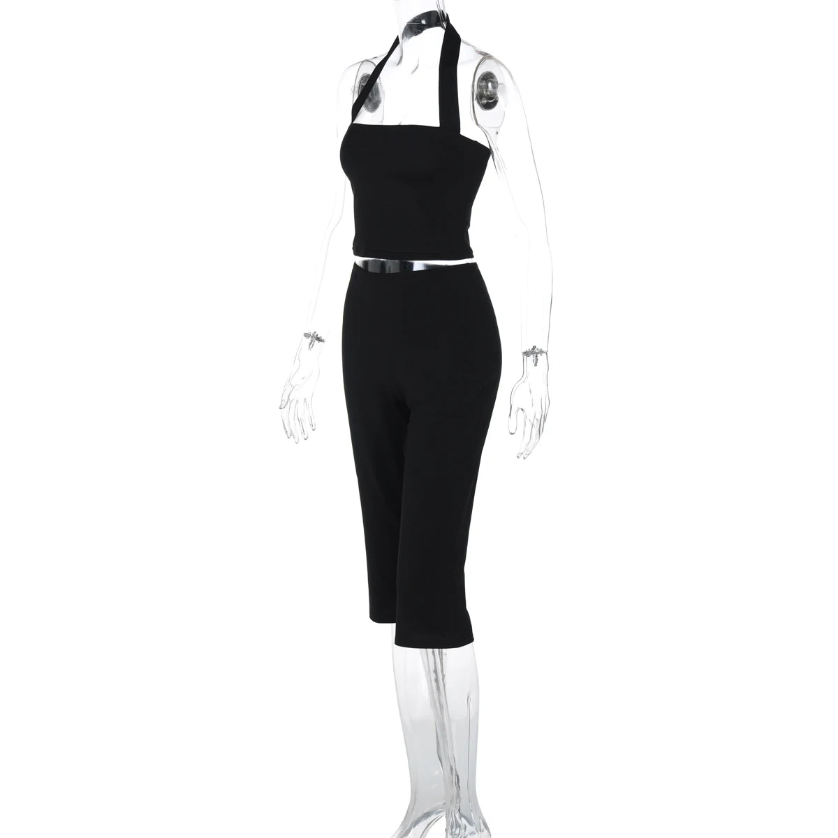 Hugcitar Women Fashion 2 Pcs Sets Halter Black Backless Sexy Crop Tank Top Knee Length Pants Fall Outfits Party Festival