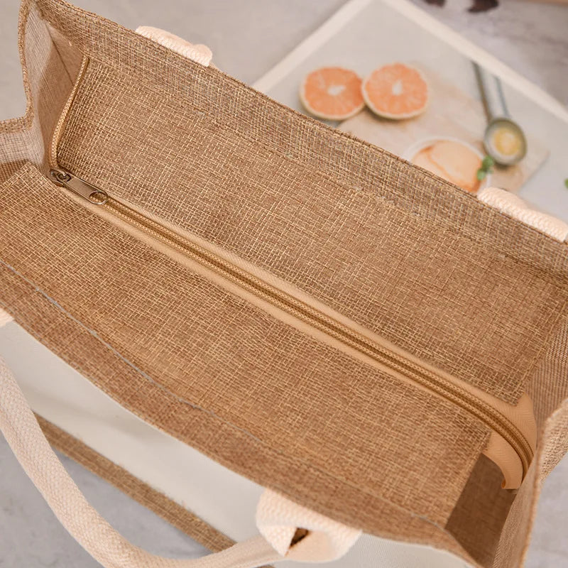 Retro single-shoulder linen bag for shopping as a gift. Yellow linen bag with printed pattern. Hand-held linen bag.