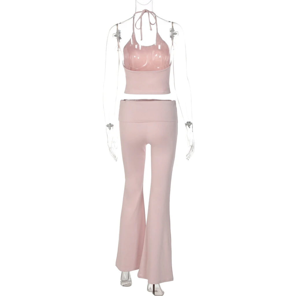 Hugcitar Fashion 2 Piece Sets Halter Soild Backless Lace Up Sexy Crop Camis Top Flare Pants Women Outfit Tracksuit Vacation Yoga