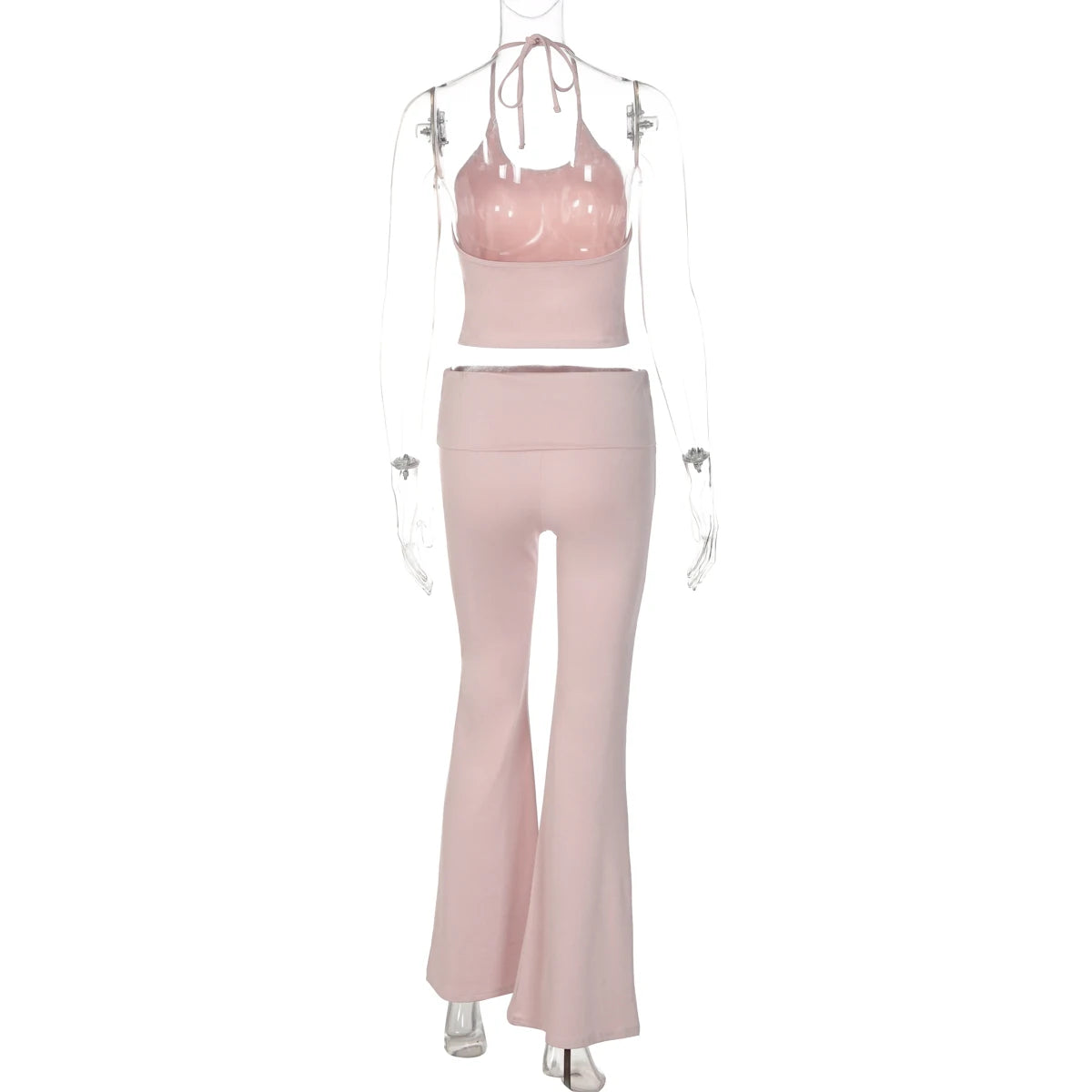 Hugcitar Fashion 2 Piece Sets Halter Soild Backless Lace Up Sexy Crop Camis Top Flare Pants Women Outfit Tracksuit Vacation Yoga