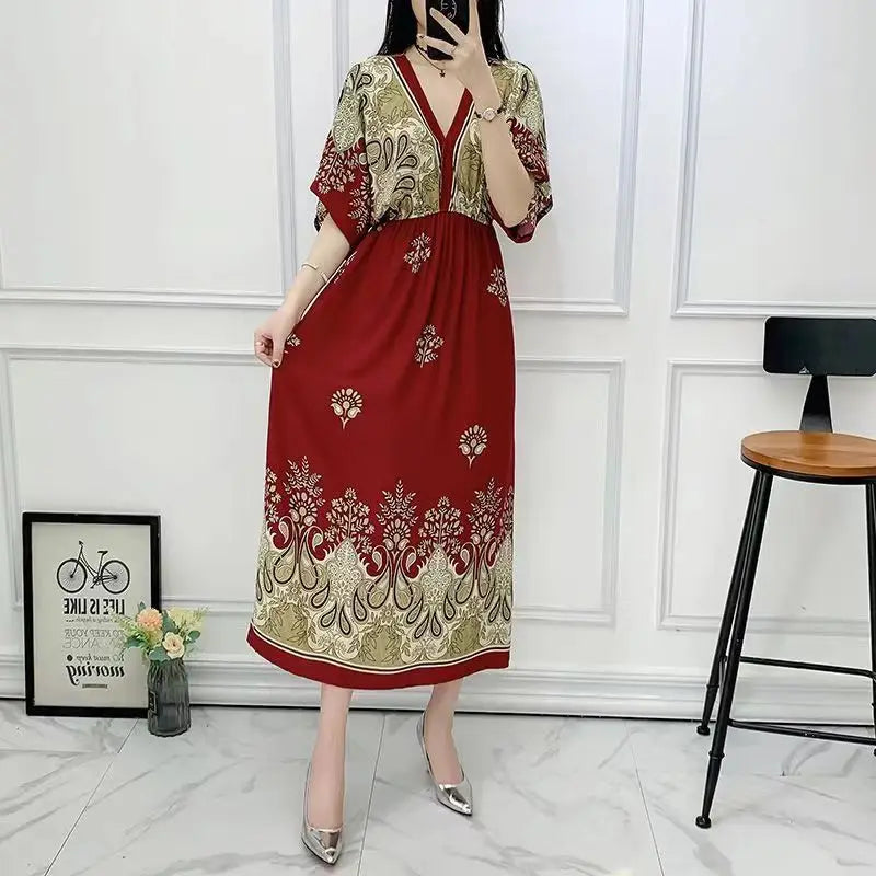Colorful Flower V-neck Elastic Youthful Bohemian Sweet Midi Dress Woman Clothes Chic Fashion Summer Dresses 2025 Large Swing Ski
