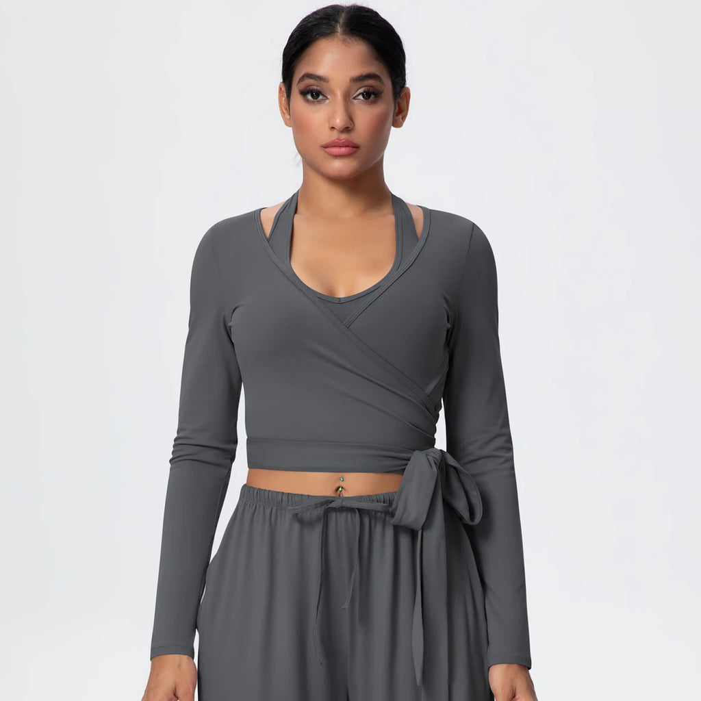 Women Slim Breathable Sports Top Women Active Wear Sports Yoga Long Sleeved Solid Color Running Shirts Straps Design Yoga Top