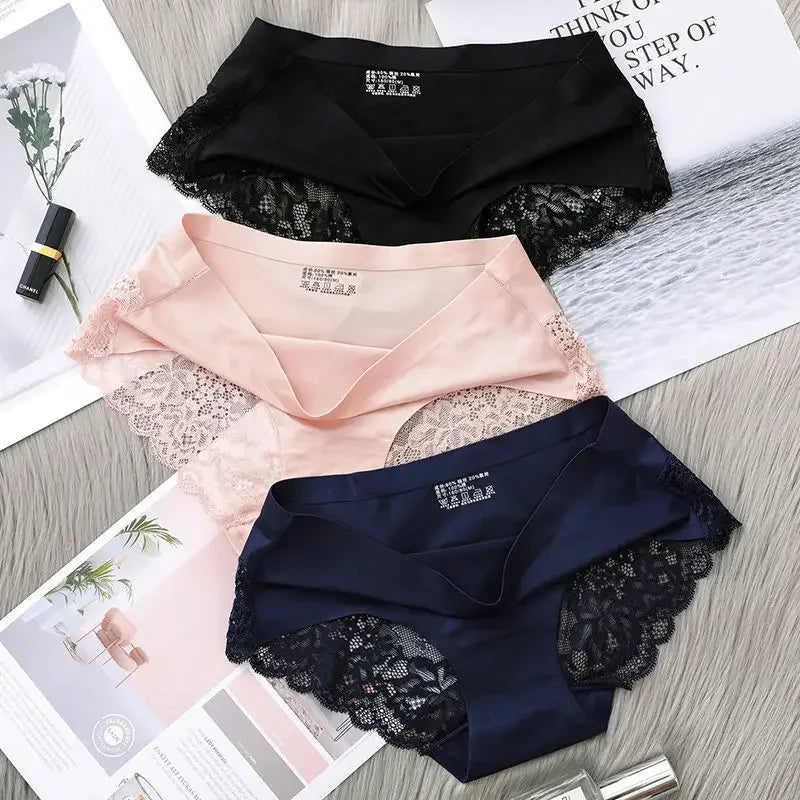 1/3PCS/Set Women's Panties Lace Underwear Sexy Lingerie Ice Silk Briefs Soft Seamless Underpants