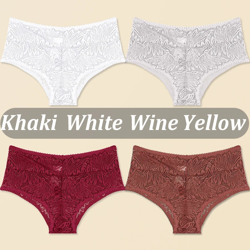 FINETOO 4PCS Floral Lace Thongs Sexy Perspective G-String Mid Waist T-back Female Breathable Intimates Brazilian Underwears