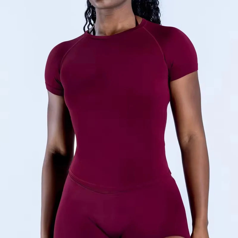 Short Sleeve Yoga Top Round Neck Seamless Gym Shirt for Woman High Stretch Fitted Sports Running T Shirts Workout Clothes