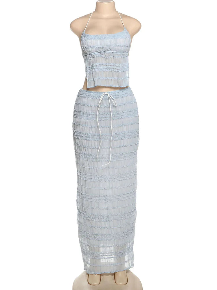 Weird Puss Mesh Backless 2 Piece Set Women Halter Lace-Up See Through Crop Tops+Loose Elegant Long Skirts Vacation Trend Outfits