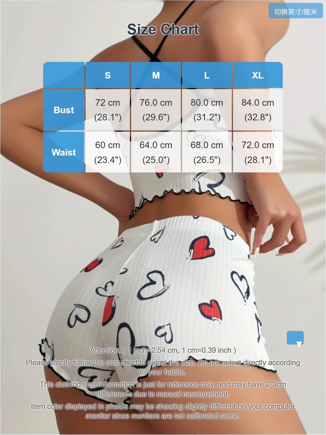 Women Heart Print Ribbed Pajama Set Bow Decor Crop Cami Top and Elastic Shorts Summer Sleepwear Lounge Set
