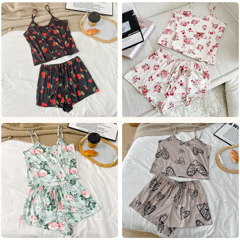 Summer Printed Cami Sleeveless Top and Shorts Pajama Sets For Women Sexy Leisure Adjustable Belt Loungewear Female Soft Pajama