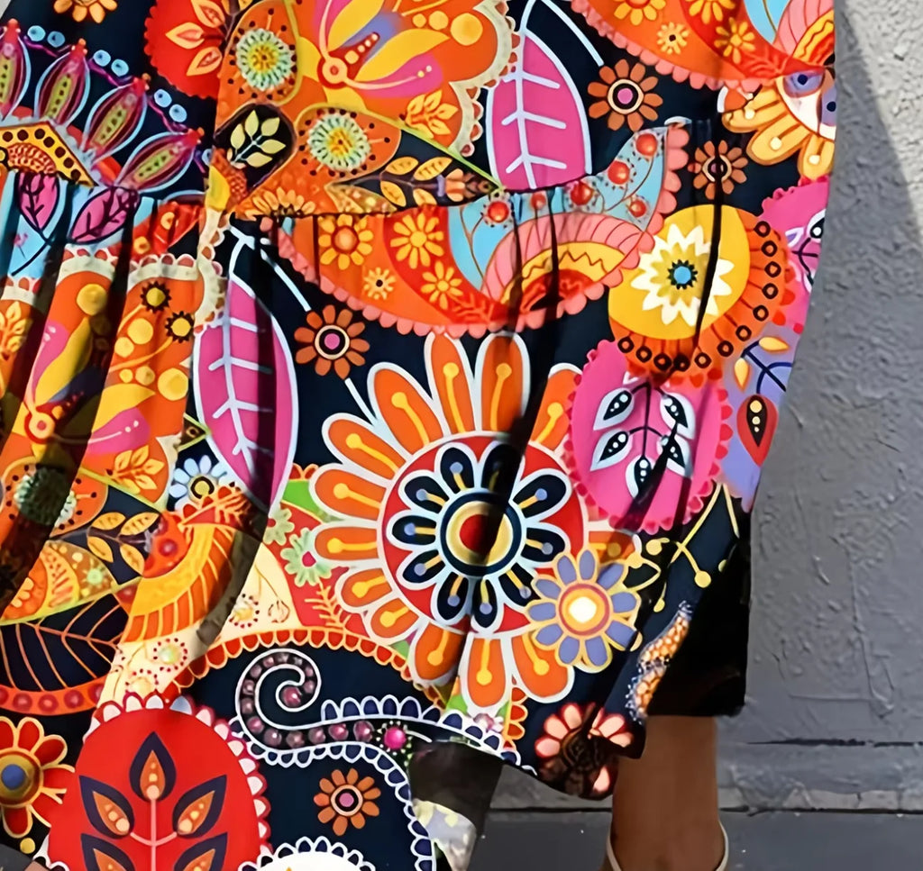 2026 Spring/Summer European & American Women's New Arrival Retro Printed Dress, V-Neck Slimming A-Line Dress for Casual