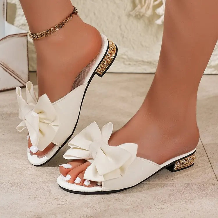 Summer New Round Headed Sexy/Comfortable Flat Casual Slippers Fashionable Elegant Non Slip Bow Tie Thick Heel Beach Slippers