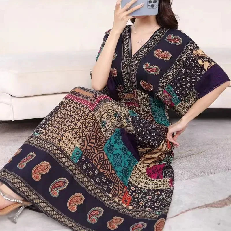 Colorful Flower V-neck Elastic Youthful Bohemian Sweet Midi Dress Woman Clothes Chic Fashion Summer Dresses 2025 Large Swing Ski