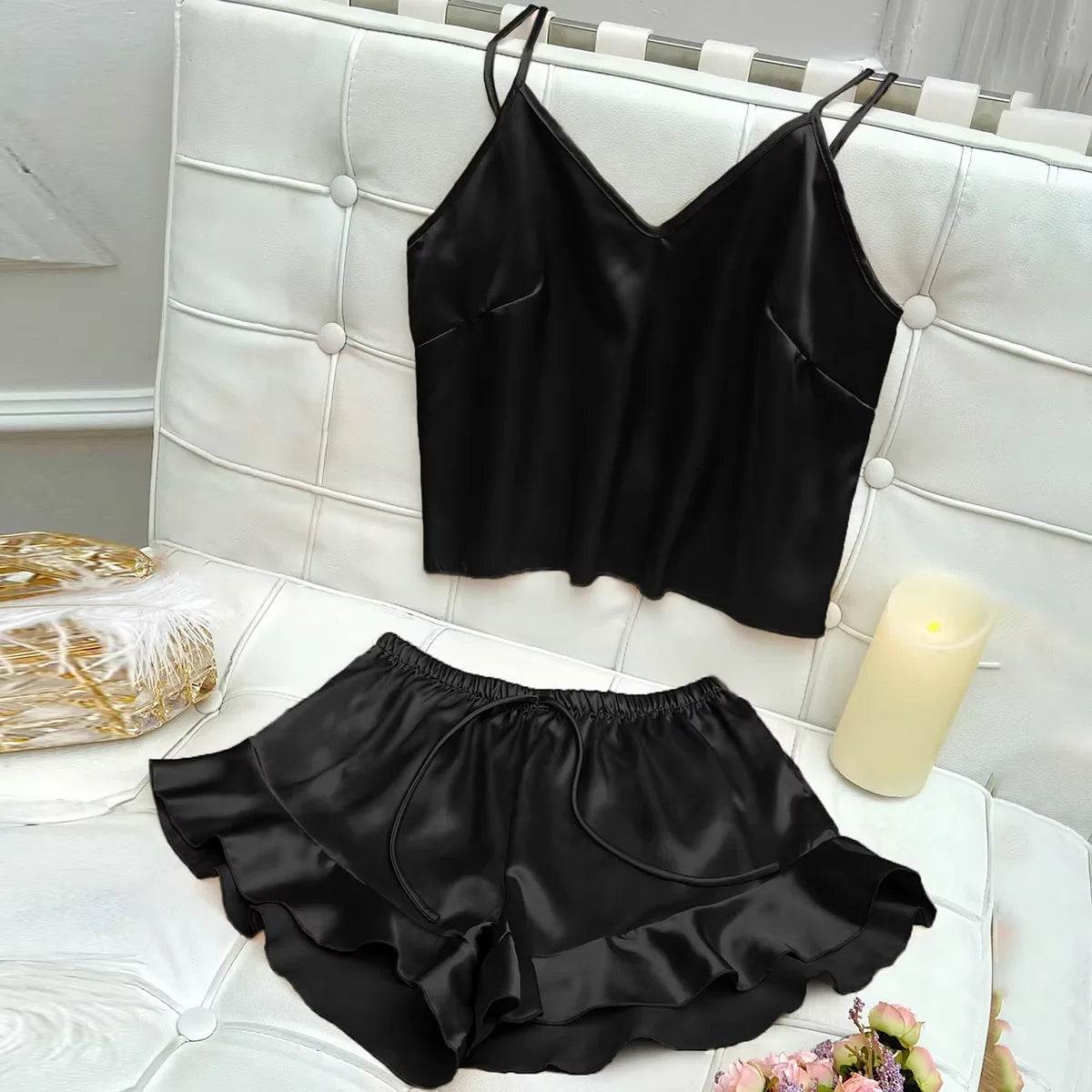 Solid Satin Pajama Set V Neck Cami Top Ruffle Shorts Women's Sleepwear Loungewear