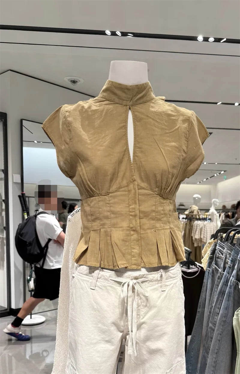 Women's Shirt 2026 Summer New Khaki Short Sleeve Bow Decorative Hollow-Out Dress Hem Shirt Casual Fashion Personality